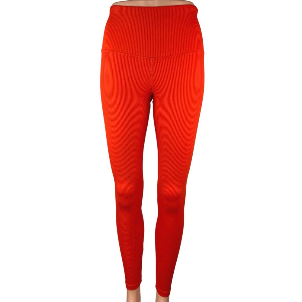 Strut This Women's Red Ribbed Mid Rise Pull One Athletic Leggings Pants One Size